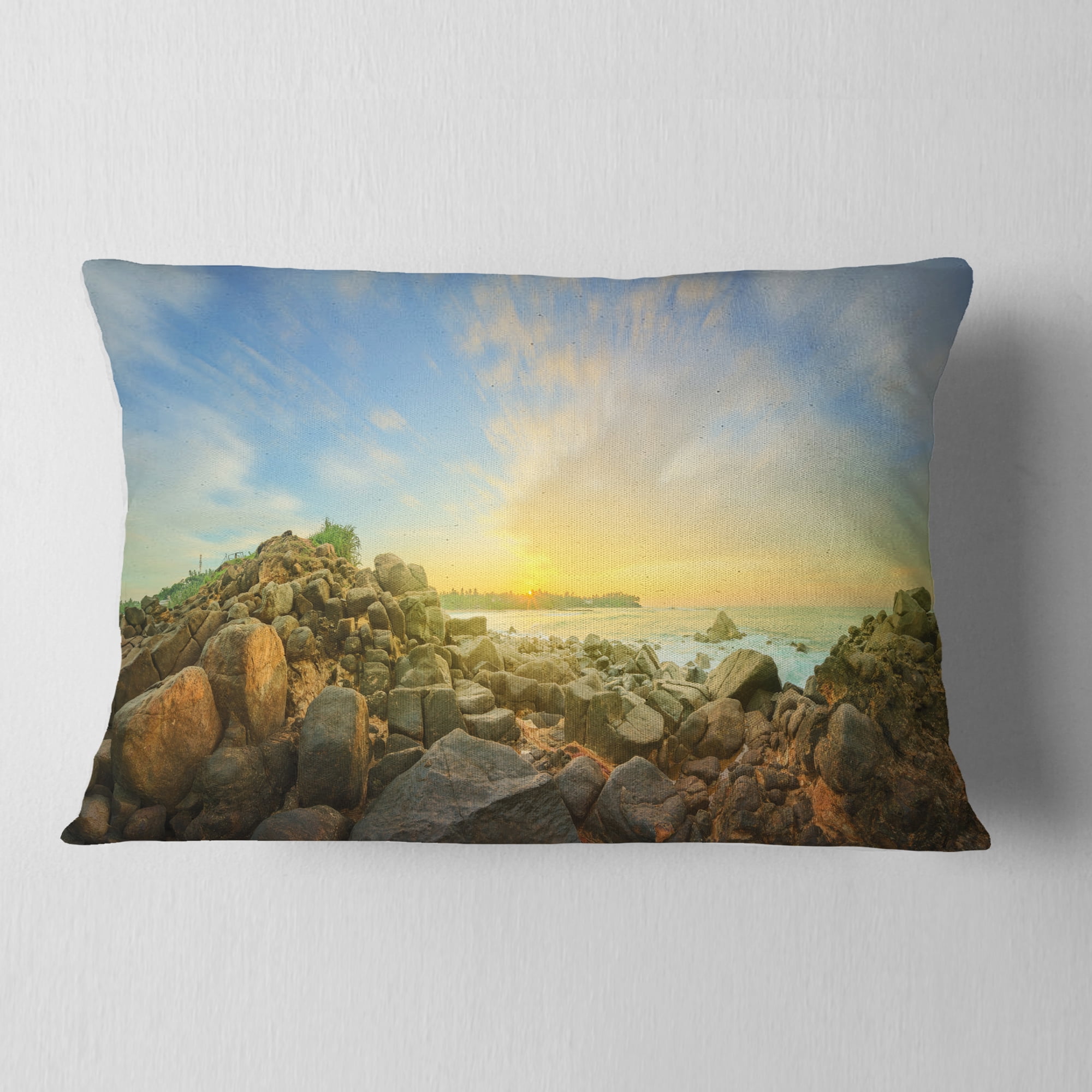 Designart Beautiful Romantic Beach Sunrise - Landscape Printed Throw Pillow - 12x20