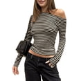 thumbnail image 2 of Women Long Sleeve Grunge Shirts Striped Off the Shoulder Tops Y2K T Shirt Black S, 2 of 9