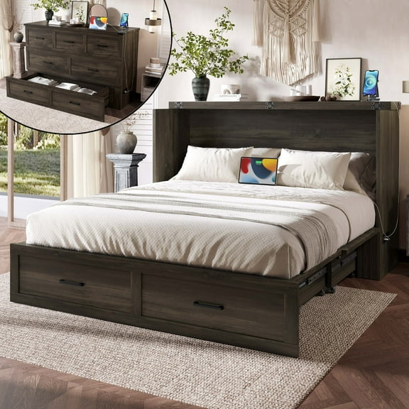 Pinovk Murphy Bed Cabinet Queen Size with Charging Station, Multi-Functional Foldable Platform Bed with 1 Large Storage Drawer for Guest Room, Small Bedroom, Rustic Gray