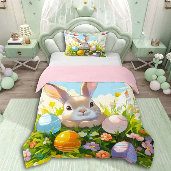 Erosebridal Cartoon Rabbit Colorful Eggs Twin Bedding For Kids,Easter Festival Duvet Cover Set For Boys Girls,2pcs,No Comforter,Pink Reversible