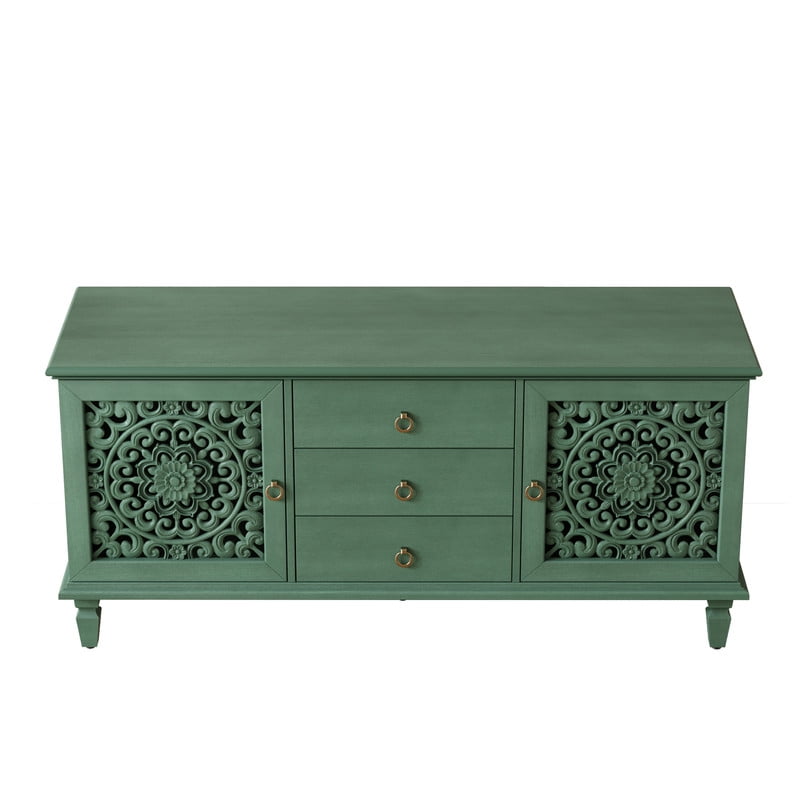 Vintage TV Stand with Carved Doors for 65'' TVs, Freestanding Storage Cabinet Media Console with Drawers & Adjustable Shelf