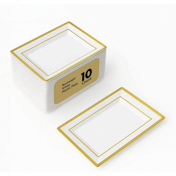 Moderna 7.5 x 5.3 Inch Premium Disposable Plates 10 Rectangular Plastic Plates For Parties - Gold-Rimmed Durable White Plastic Dinner Plates For Warm And Cold Foods