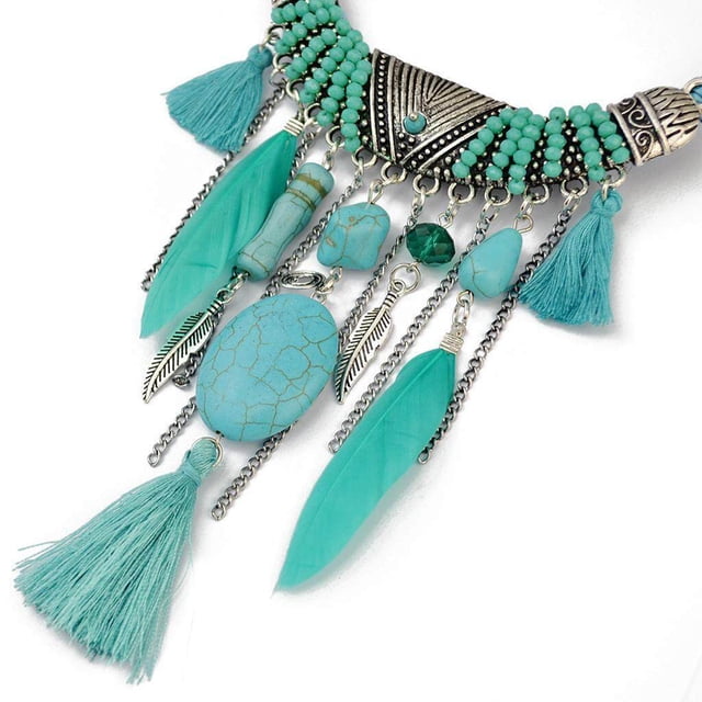 VONKY Bijoux Vintage Turquoise Pompons Choker Bohème Déclaration Collier Vert
