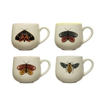 Creative Co-Op Stoneware Mugs with Painted Winged Insects, Set of 4 Styles, Multicolor