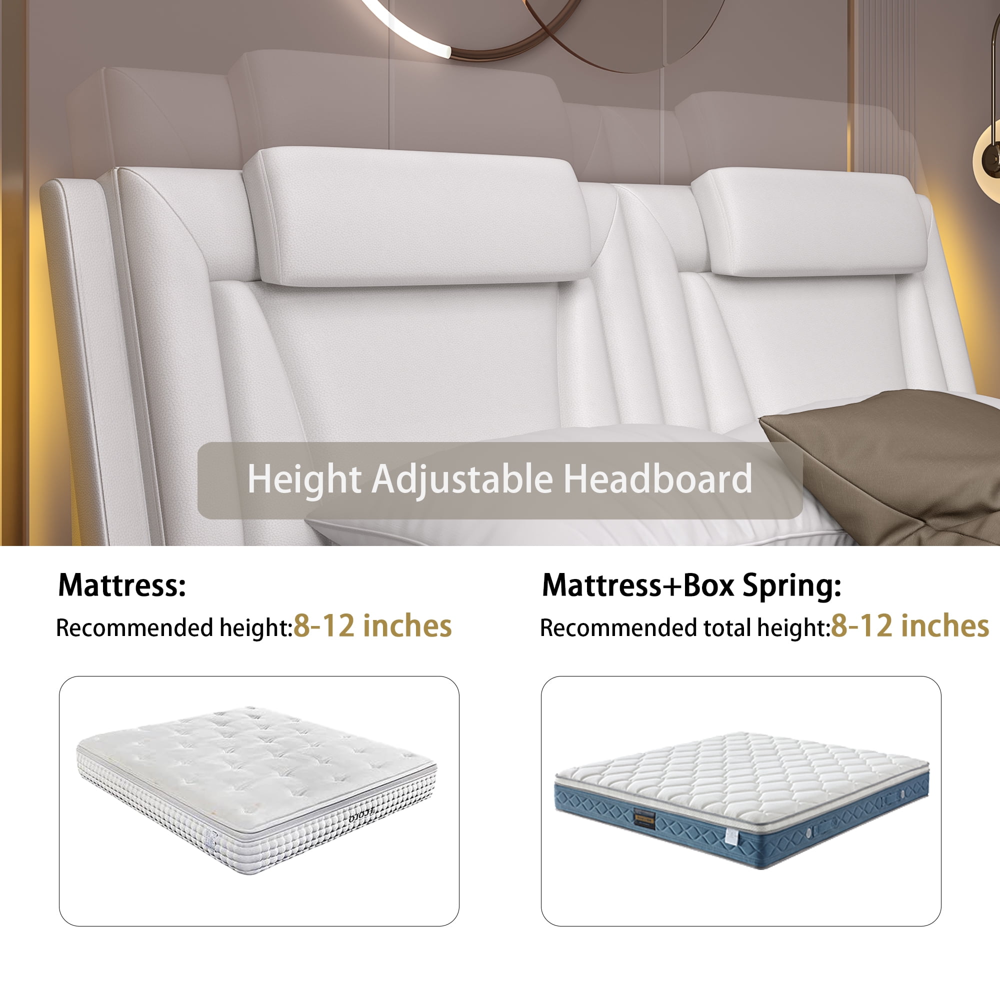 Homfa Queen Bed Frame with Adjustable LED Headboard, PU Leather Curved Upholstered Platform Bed Frame, White