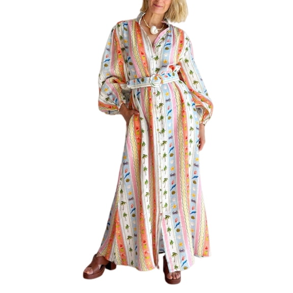 Women Boho Print Maxi Shirt Dress Long Sleeve Belted Casual Vacation Dress