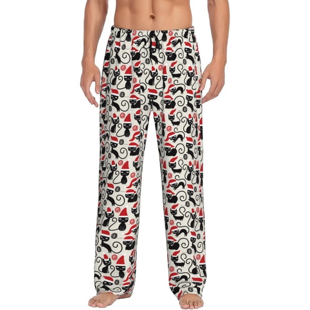 Fotbe Christmas Cat Pantalones de Pijama para Hombre, Pantalones de Dormir, Pantalones de Casa con Cintura Ajustable y Bolsillos-Small