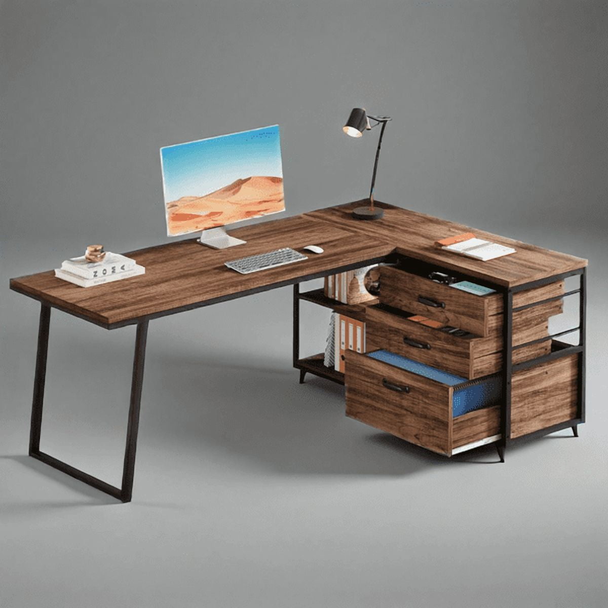 L-Shaped Desk with 3 Drawers & 2-Tier Shelves - 53"W×39.37"D×29.53"H, Reversible Workstation, 250lb Capacity - for Home Office & Gaming