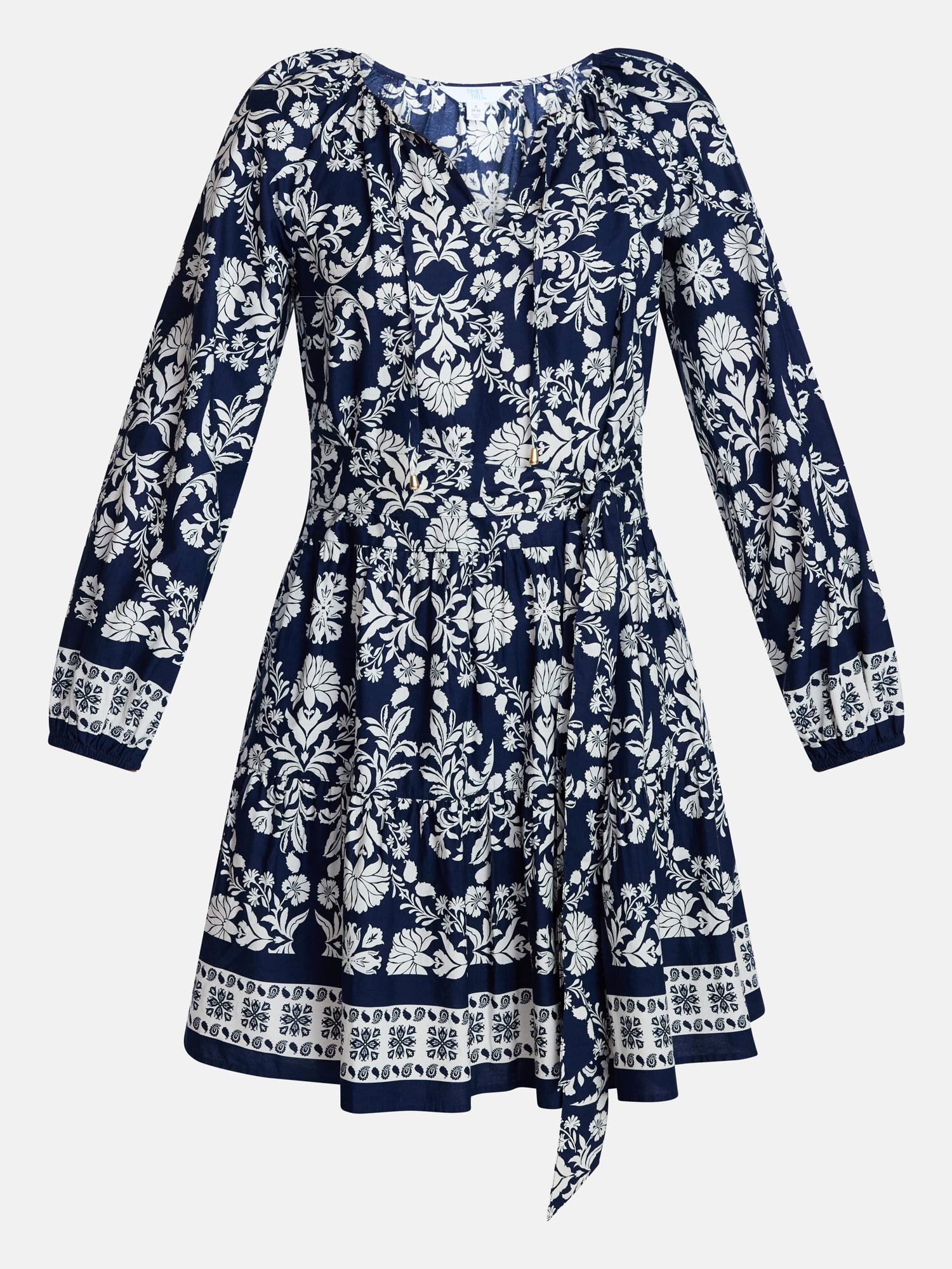 Time and Tru Women's and Women’s Plus Tie Neck Mini Peasant Dress, Sizes XS – 4X