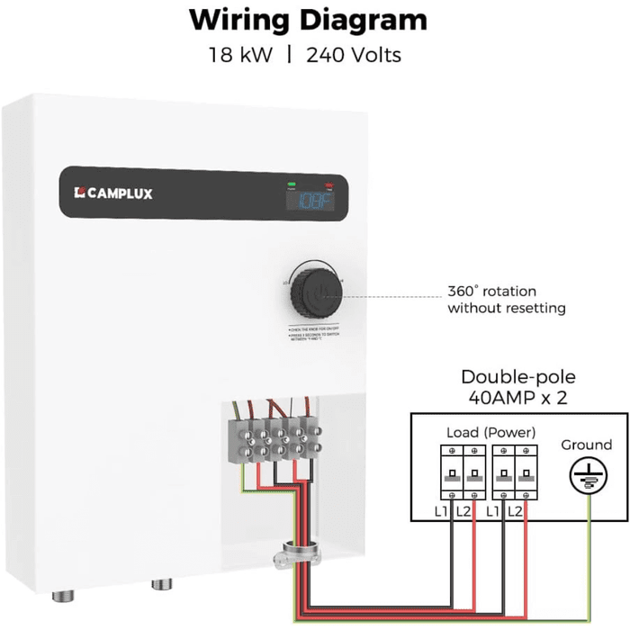 CAMPLUX 18kW 240V Tankless Electric Water Heater, Instant Hot Water On Demand, Digital Display, Energy Saving, ETL Certified, Compact Wall-Mount for Home Shower