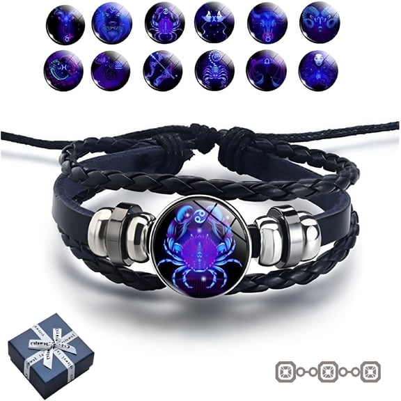 DESIGNICE Zodiac Leather Bangle Bracelet Set,Constellation Gift for Women,Retro Braided Rope