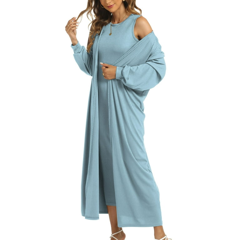 Mrat Mother of the Bride Dresses for Wedding Womens Two Piece Outfits Dress Suit with Long Sleeve Cardigan Jacket Maxi Dress S-59 Light Blue S