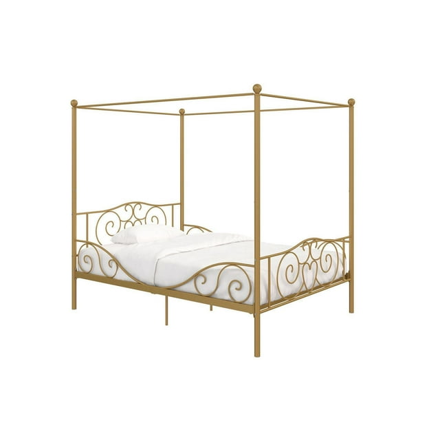 DHP Metal Canopy Kids Platform Bed with Four Poster Design, Scrollwork Headboard and Footboard, Underbed Storage Space, No Box Sring Needed, Full, Gold