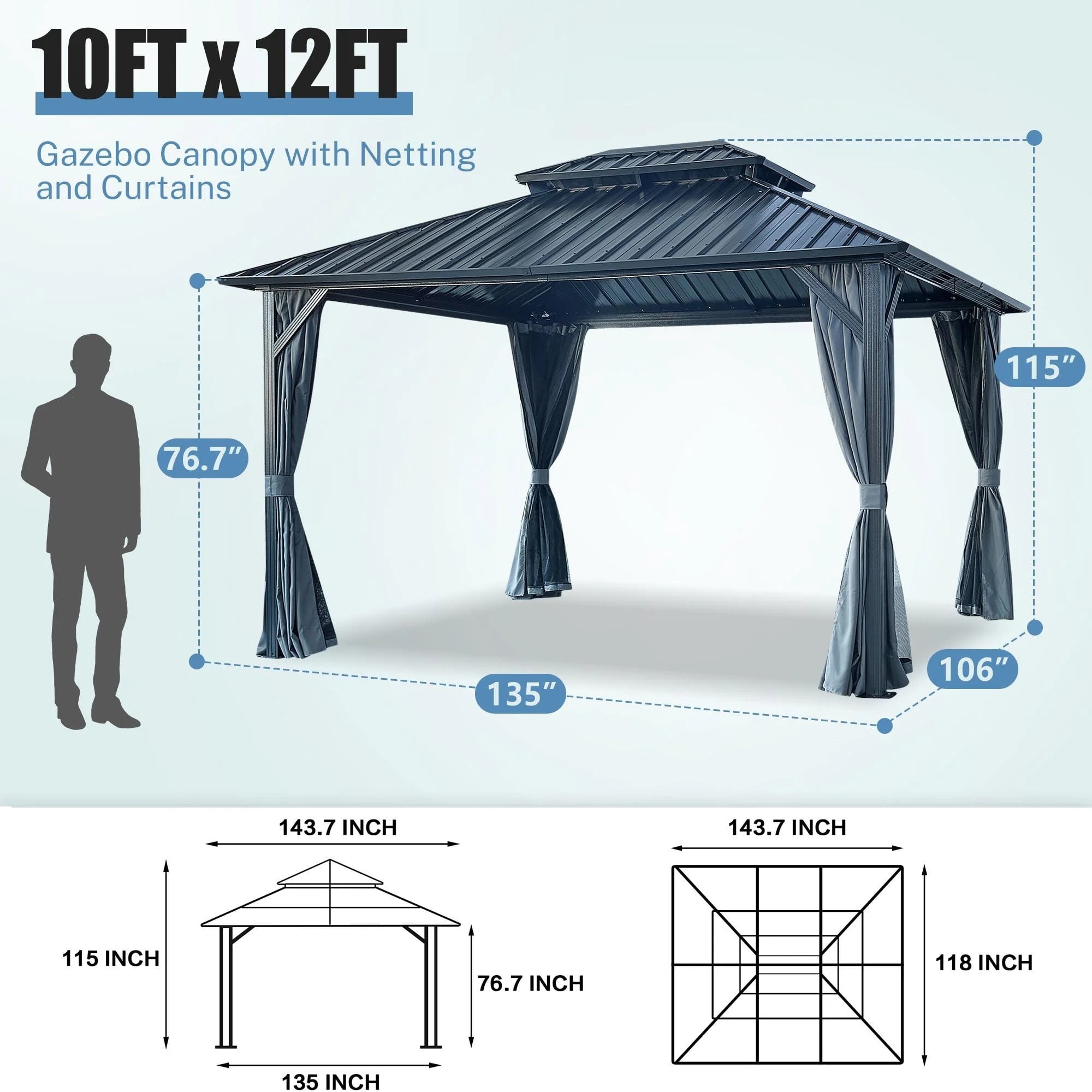10' X 10' Hardtop Gazebo with Galvanized Steel Double Roof, Aluminum Frame Gazebos with Curtains and Netting, Outdoor Metal Pavilion for Patio, Lawn, and Garden, Grey