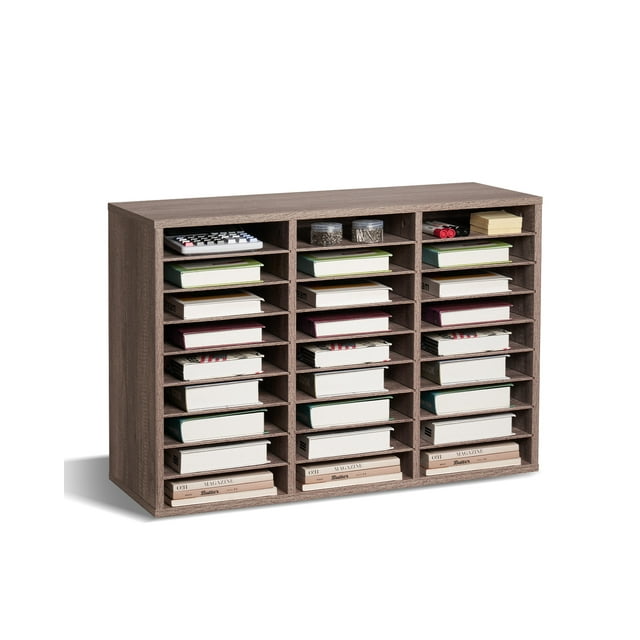 VEVOR Organizador de literatura de madera con 27 compartimentos y estantes extraíbles, color negro y gris