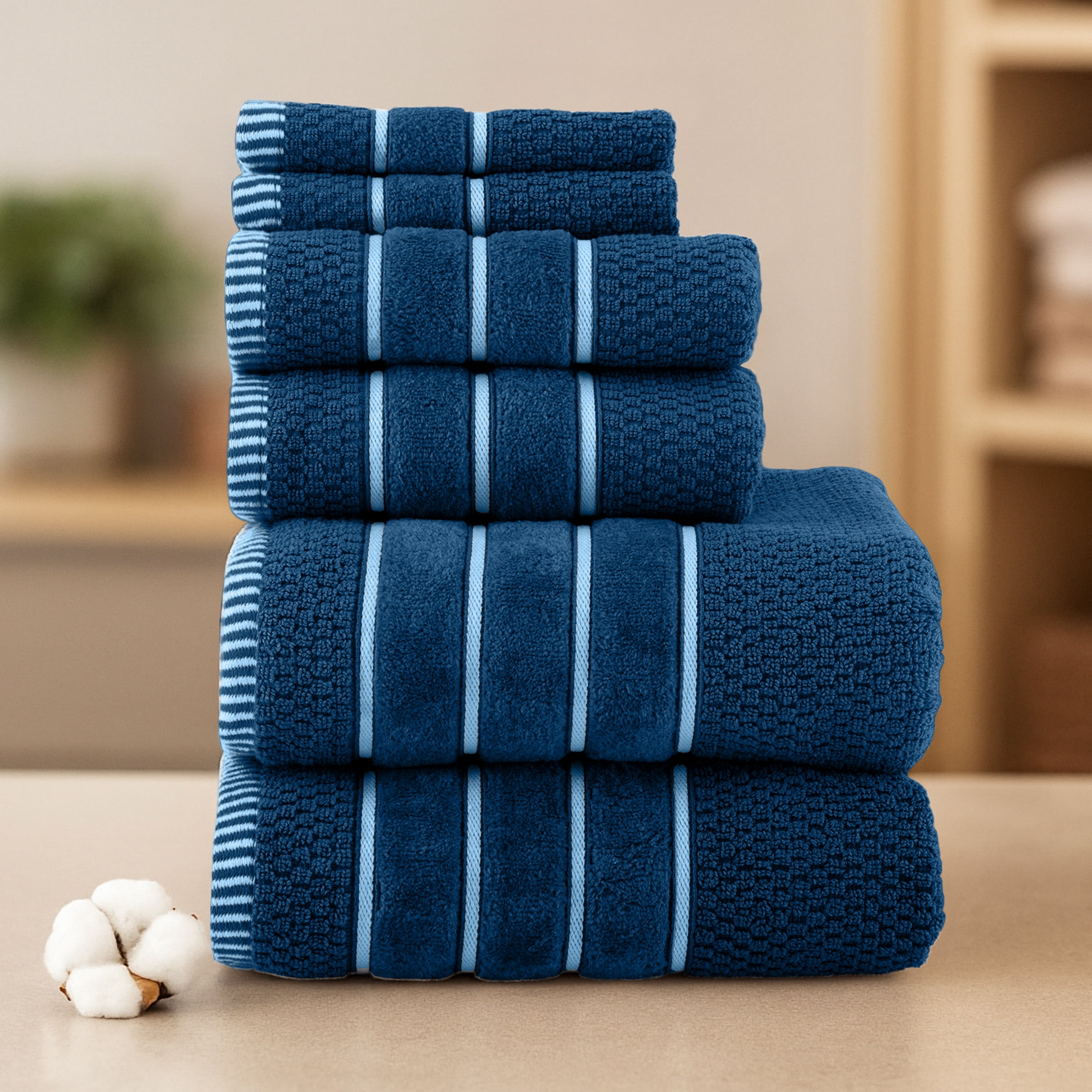 Lavish Home 6-Piece 100% Cotton Bathroom Towel Set with Rice Weave (Navy)