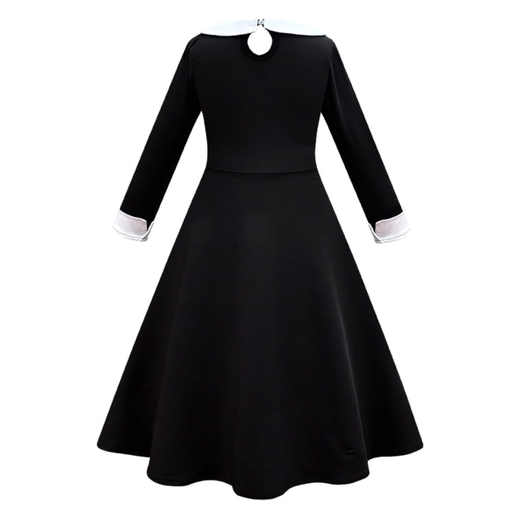 EKEZ Halloween Wednesday Addams Family Costume for Girls, Peter Pan Collar Swing Black Dress for Kids, Girl's, Size: 130CM/7-8T