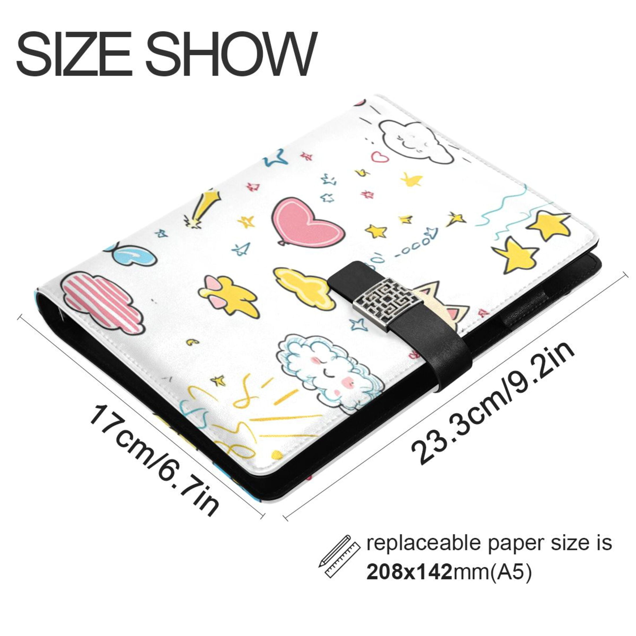 9.2x6.7 inch Leather Notebook 100 Sheets, Multi-Pocket Design & Pen Loop Cute Stickers Cartoon Drawings Refillable Journal Organizer