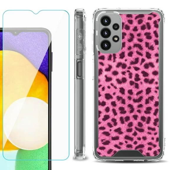Shockproof Bumper Phone Case for Samsung Galaxy A23 5G, with Tempered Glass Screen Protector, by OneToughShield ® - Cheetah Pink