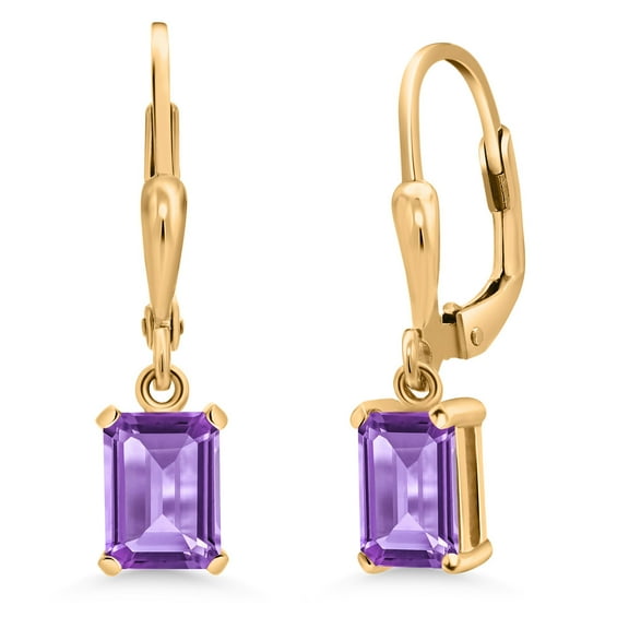 Gem Stone King 18K Yellow Gold Plated Silver Purple Amethyst Drop Dangle Earrings for Women (1.9 Cttw, Gemstone February Birthstone, Emerald Cut 7X5MM)
