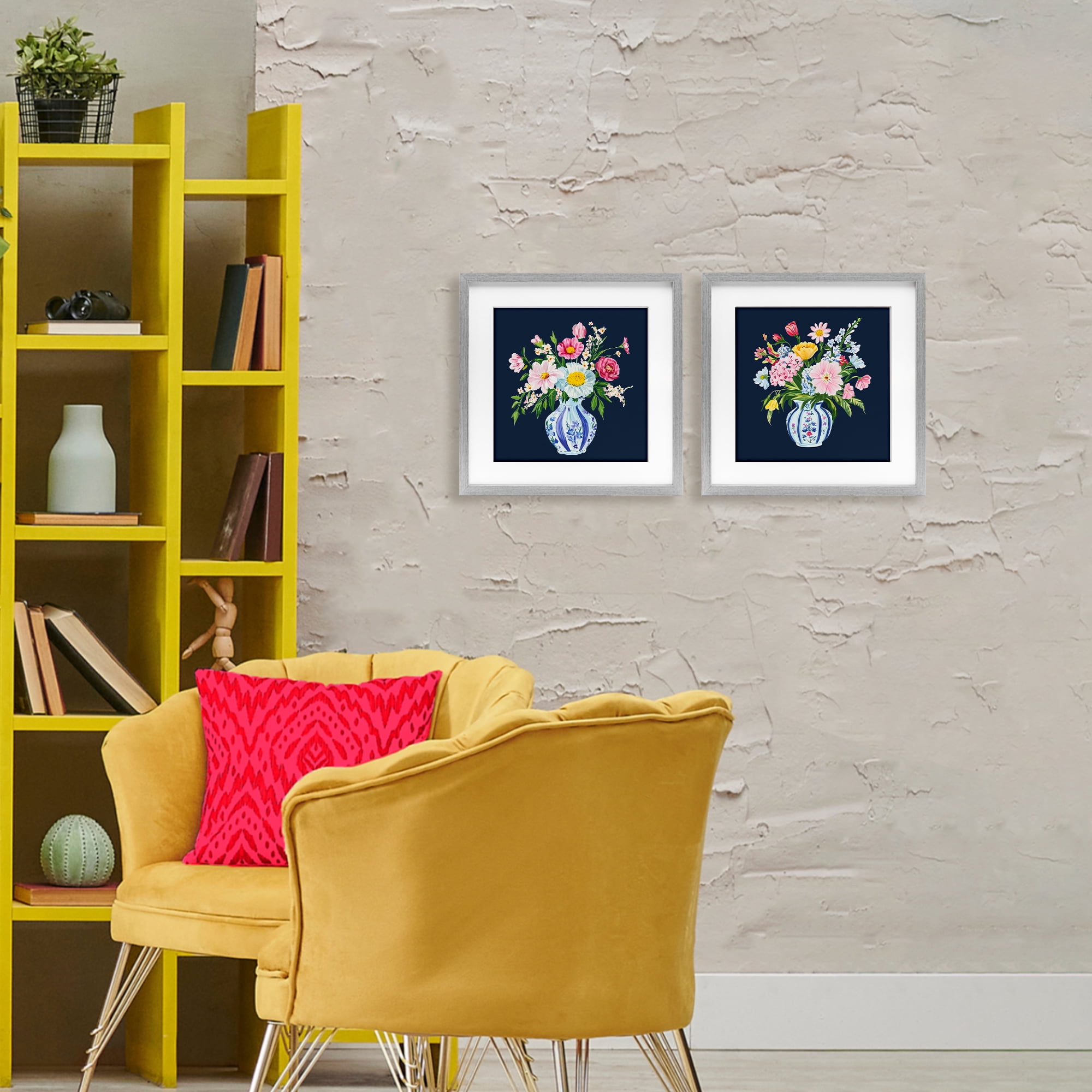 Twin Chinoiserie Vases 2 Piece Gray Framed Print Under Glass Set, design by Yen