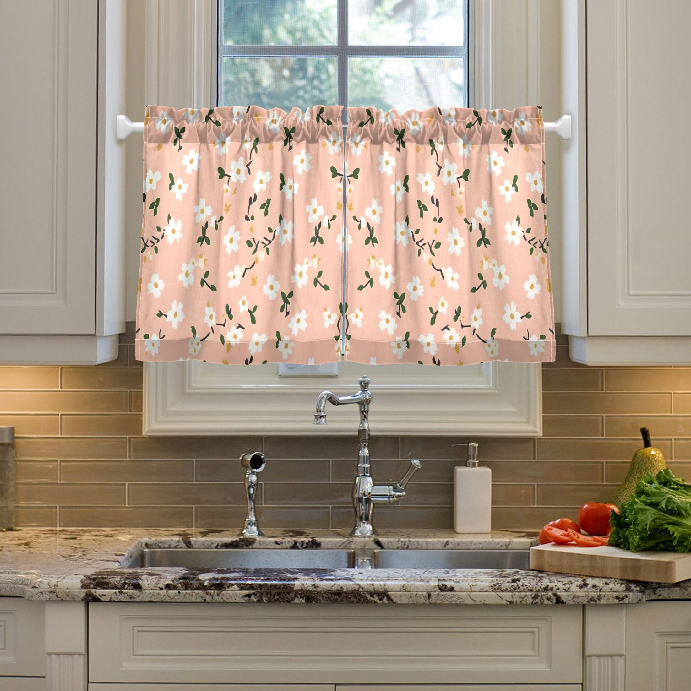 Linen Kitchen Curtains Dainty Pink Floral Tier Curtains Tier Kitchen Living Room Bedroom Balcony 2 Panels 27x36 Inch