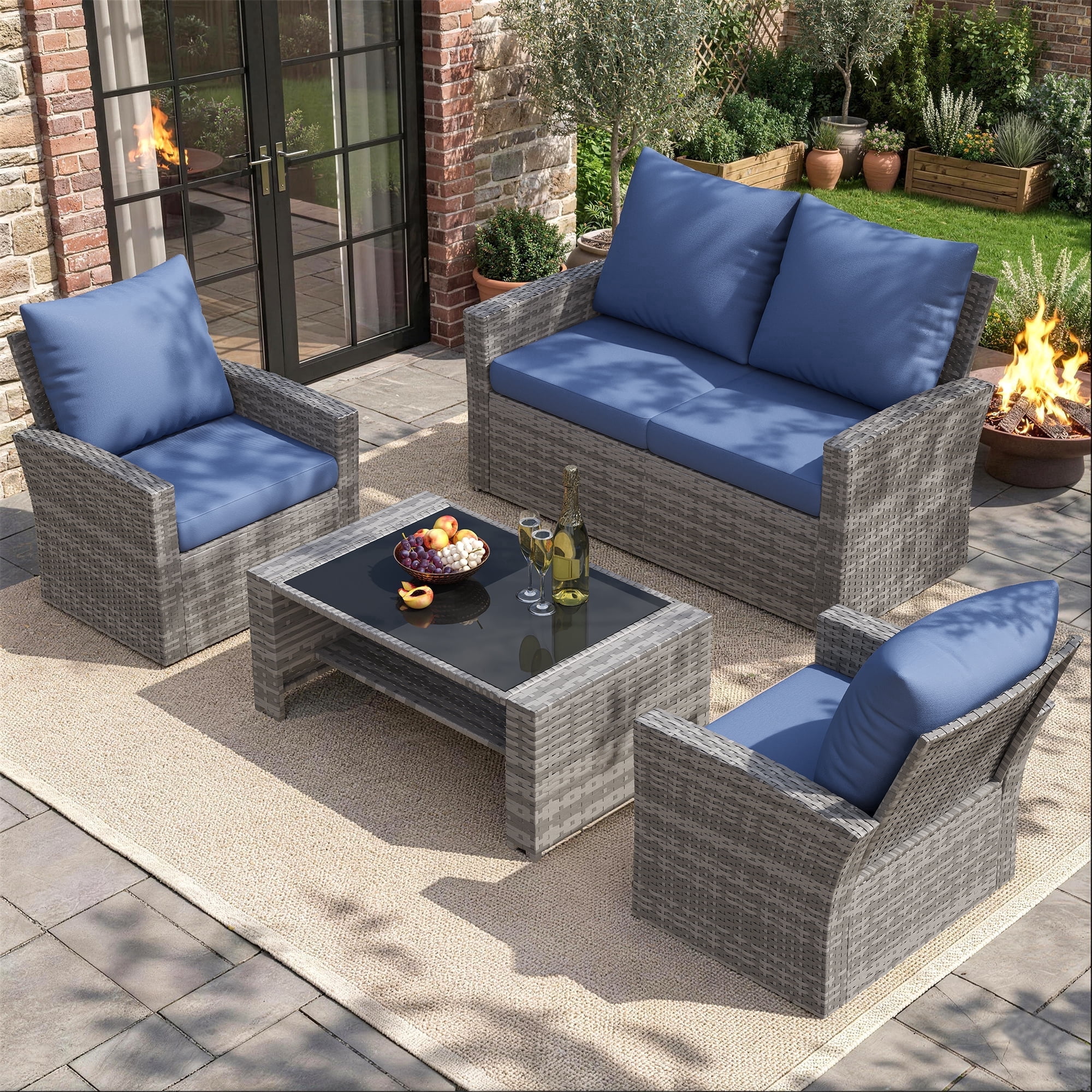 UDPATIO 4 Piece Outdoor Sectional Conversation Sets, Wicker Patio Furniture Set with Gray PE Rattan Patio Sofa Set for Balcony, Porch, Backyard, Blue