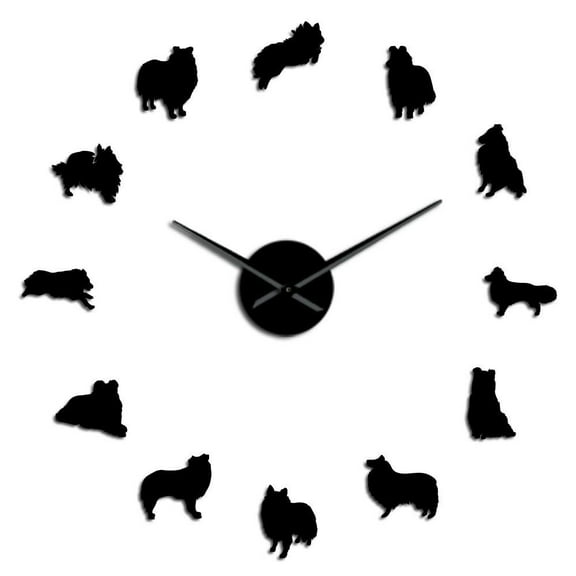Collie Dog Breed Wall Art DIY Giant Wall Clock Silent Quartz Wall Clock Shetland Sheepdog Big Time Clock Watch(Black,27inch)