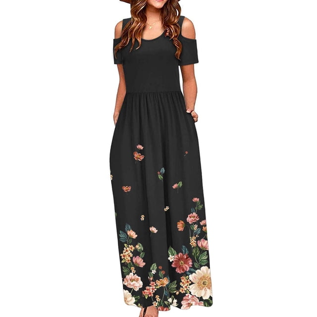 SMihono Robe Maxi Bohème d'Été pour Femmes Grande Taille Robe Longue Décontractée pour Femmes avec Imprimé Floral Rayé Manches Courtes Robe Maxi Robe de Plage