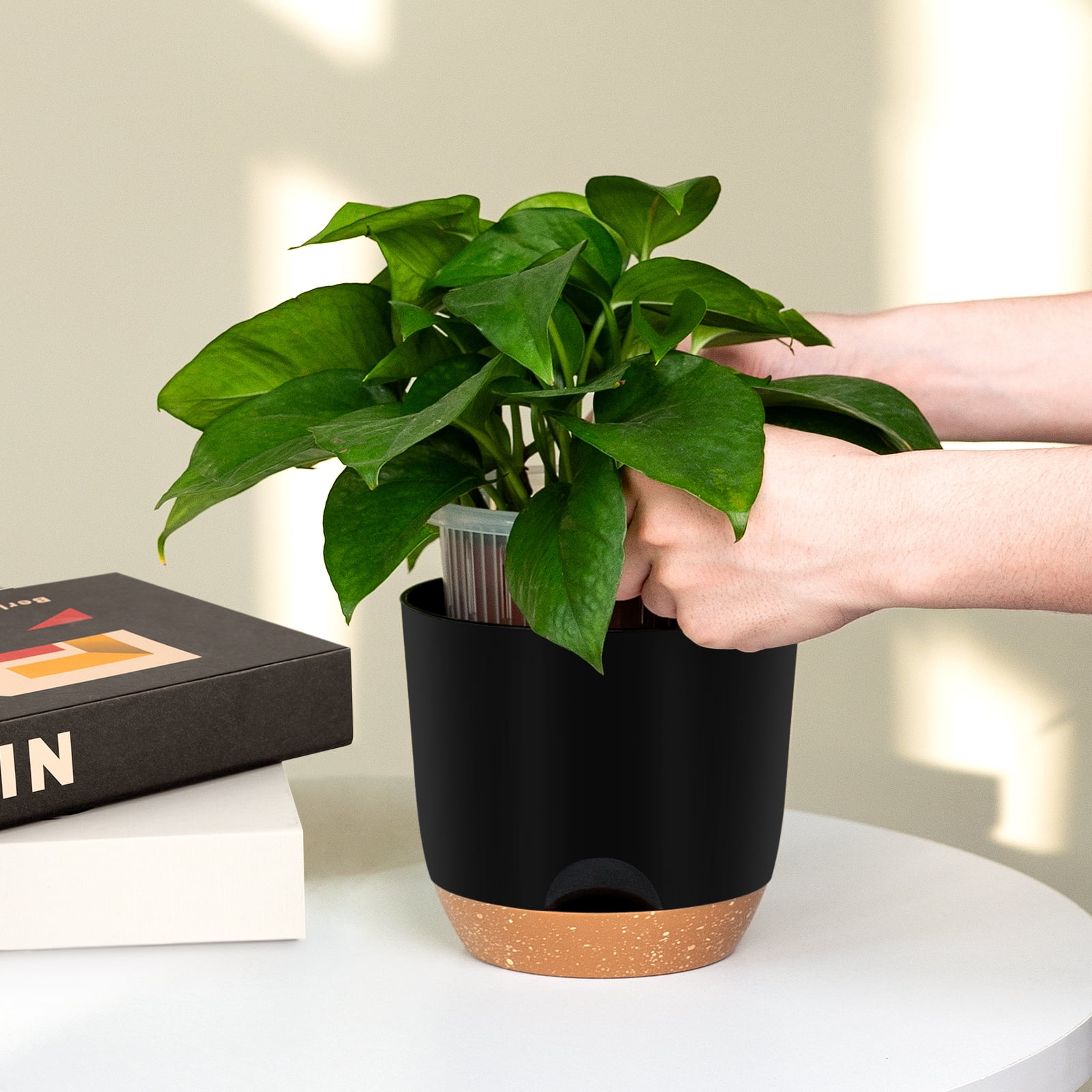 QCQHDU 7.2 Inch Self Watering Planters for Indoor Plants with Bottom Watering,2Pack Flower Plant Pots for Outdoor with Drainage, Durable Plastic planters Pots(Black)