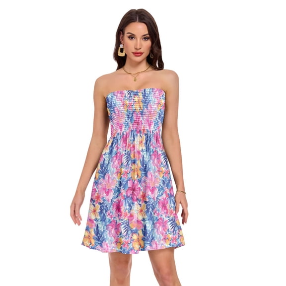 Dailycode Summer Dresses for Women Strapless Casual Beach Cover Ups Hand Drawn Watercolor Flower Tube Top Sundress