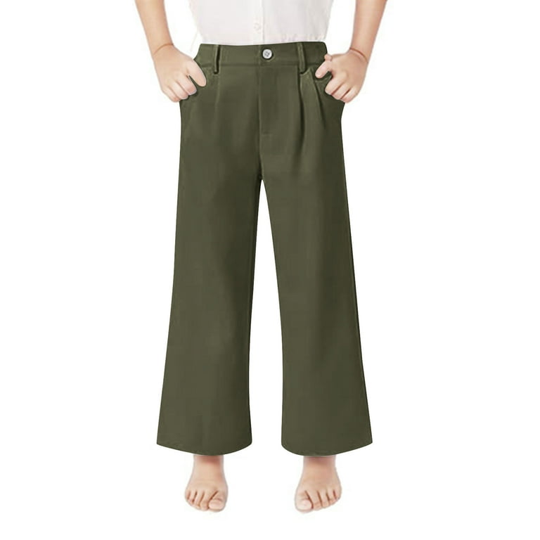 Seaopen Girl's Uniform Pants Kids High Waisted Wide Leg Dress Pants Casual Trousers with Pockets Today Army Green,13 Years, Boy's, Yellow