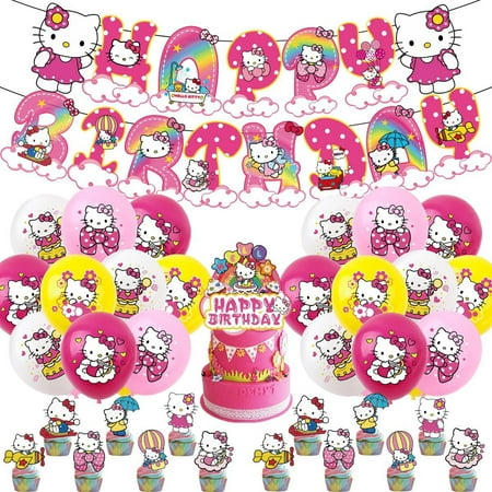 Sanrio Hello Kitty Party Decorations,Sanrio Birthday Party Supplies Include Banner, Balloons, Cake Topper, Cupcake topper Toppers for Girls Anime Theme Party