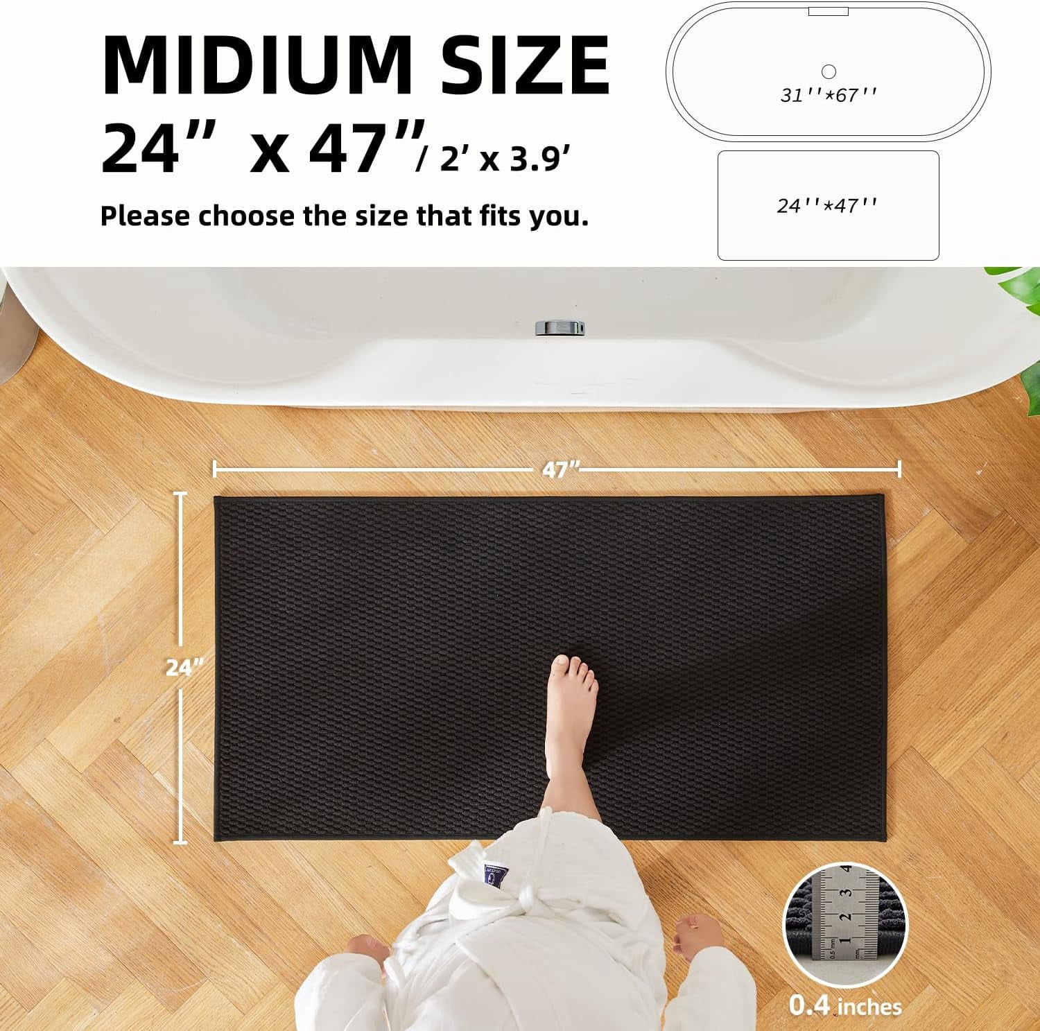 Black Bathroom Rugs Non Slip Washable, Super Absorbent Thin Bath Mat Quick Dry Low Pile Bathroom Rug, Black 24''x47''