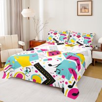 Manfei Mucical Note Bed Sheets,Multicolor Geometric Square King Sheets,Pink Blue Circles Triangle Sheet Set For Girl,Microfiber Bedroom Decor,4pcs
