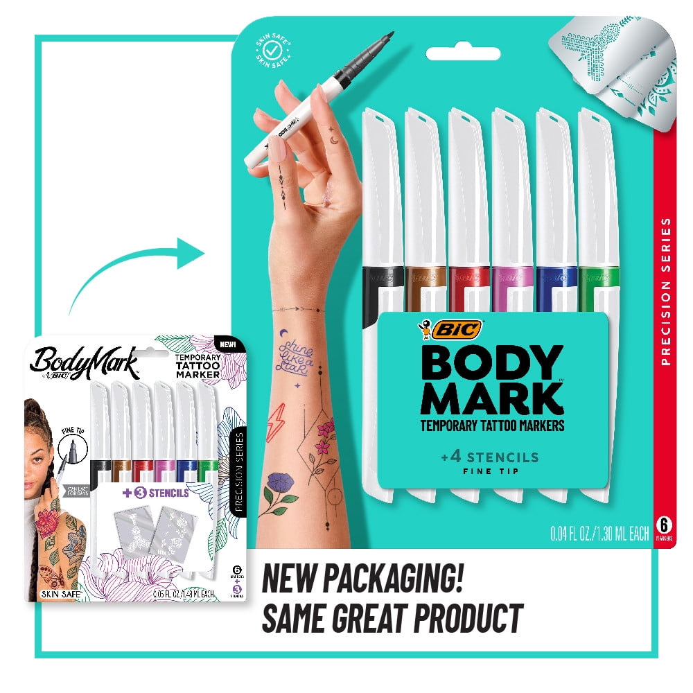 BIC BodyMark Temporary Tattoo Art Markers, Fine Tip, Assorted Colors, 6 Markers + 3 Stencils Gift Set