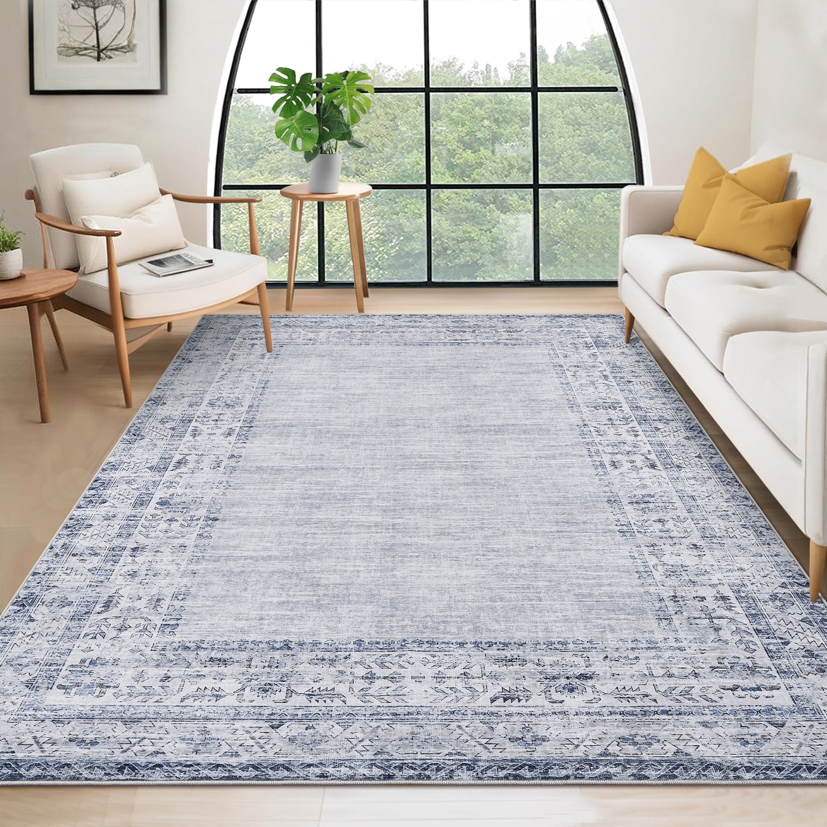 Hasoo Living Room Area Rug 5' x 7' Border Rug for Bedroom Stain-Resistant Washable Indoor Carpet, Light Blue