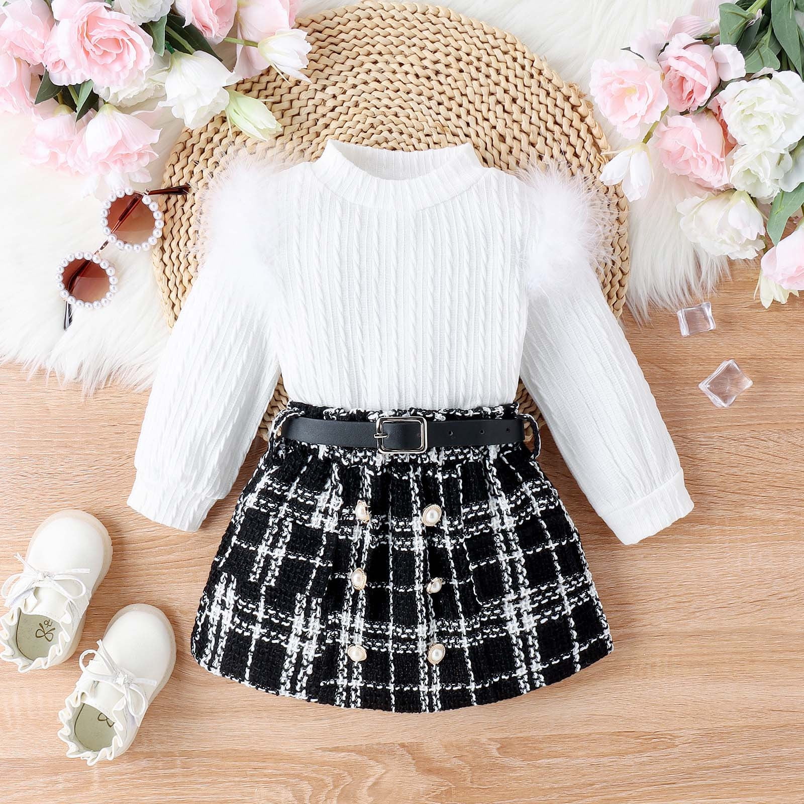 Toddler Girls Outfits Ribbed Long Sleeve Tops Plaid Skirts Two