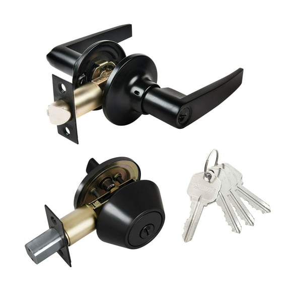 Matte Black Entry Door Handle Combo Lock Set with Deadbolt and 4 KW1 Keys, Keyed Alike