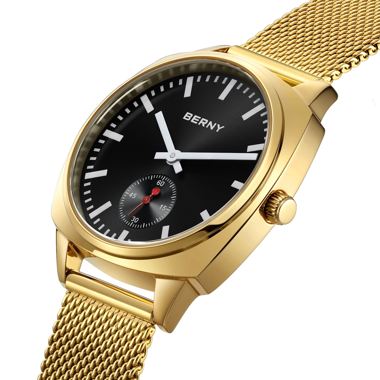 BERNY Gold Watch for Women, Casual Analog Women's Quartz Watch with Stainless Steel Mesh Band, Small Seconds Hand, 3ATM Water Resistant, Classic Ladies Wristwatch, Black