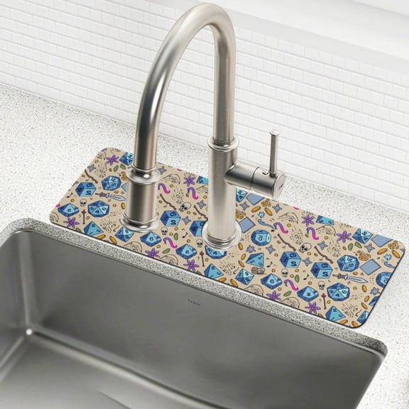 Yayeee Faucet Mat for Kitchen Sink 14.7" Diatomite Long Splash Guard Pad, Blue Dice Pattern