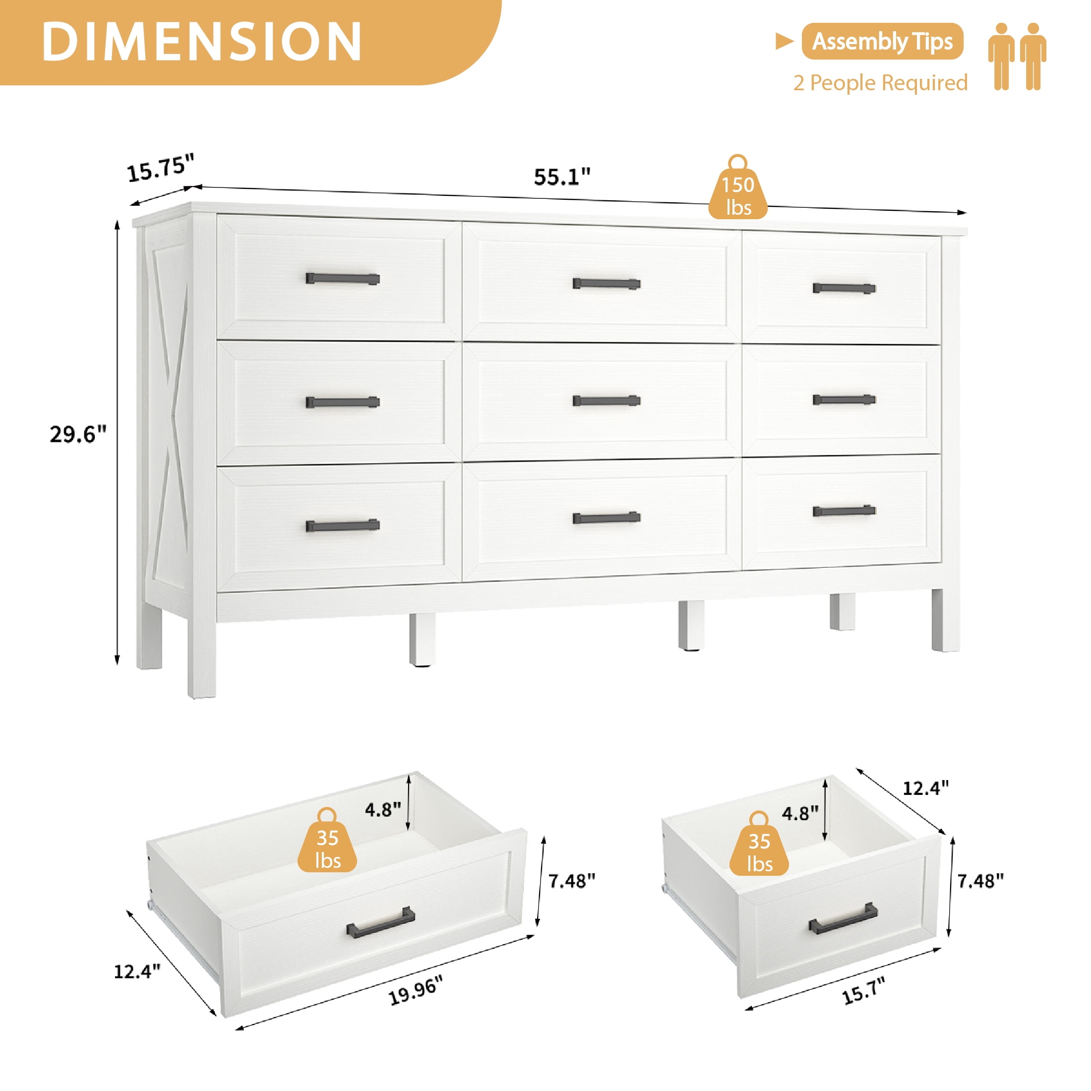 YouTrend 9 Drawer Farmhouse Dresser,Wood Adult Rustic Chest of Drawer with Metal Handles for Bedroom Living Room Hallway,Natural White