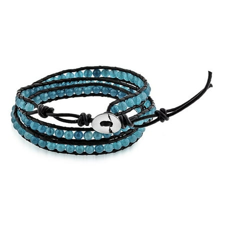 - Teal Bead Leather Bracelet with Adjustable Stainless Steel Button Closure - 7