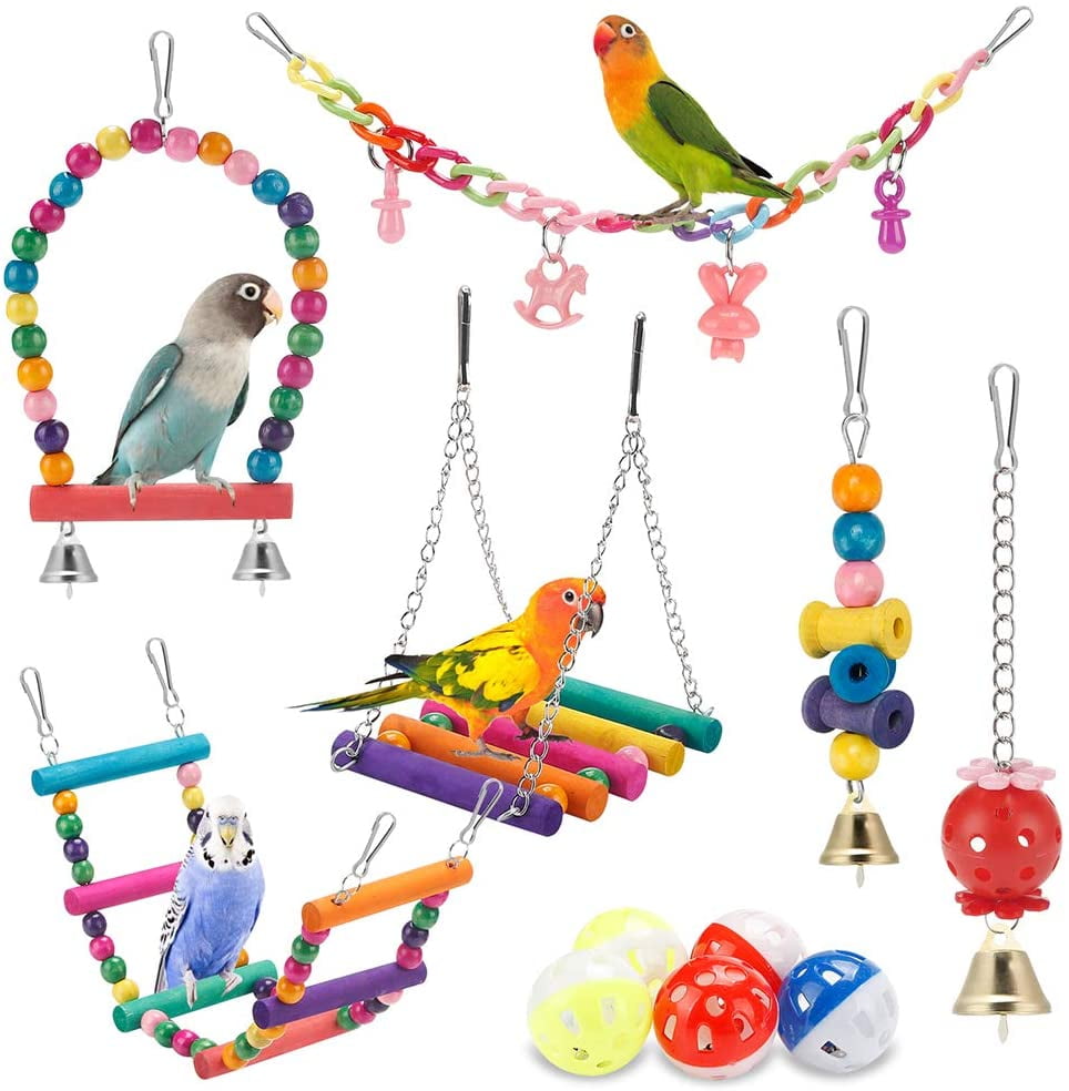 Parrots Budgie Welpettie 7pcs Bird Parrot Swing Chewing Toys Hanging Bell with Hammock Birds Cage Toys Suitable for Small Parakeets Cockatiel Macaws Love Birds Conures Finches 