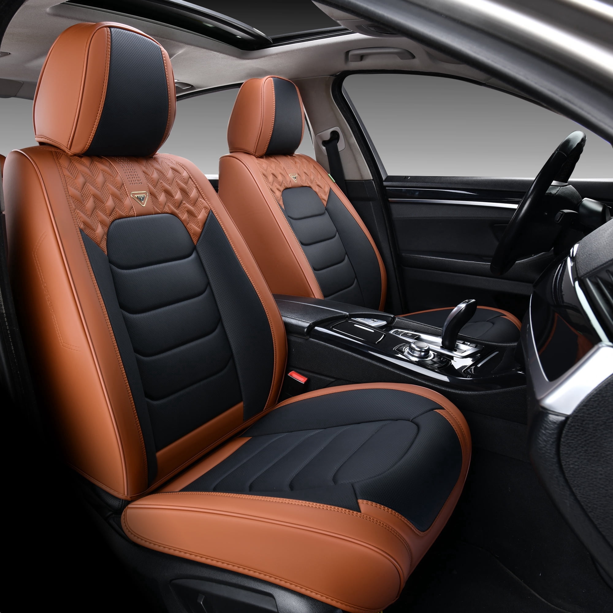 FLORICH Full Set Car Seat Covers, Waterproof Faux Leather Seat Protectors, Comfortable Auto Interior Cushions Fit for Most Cars Suv Trucks, Black & Brown