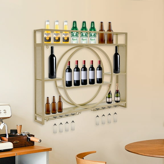 Wildnix Sturdy Wall-Mounted Wine Rack, Holds 30 Bottles and 6 Glasses, Durable Iron with Gold Design, High Load-Bearing Capacity, Space-Saving