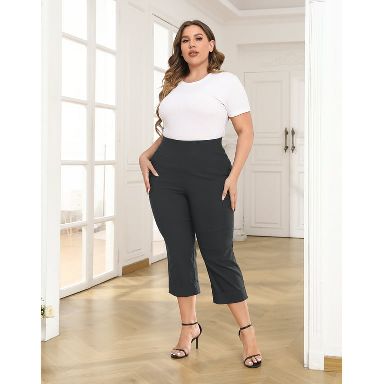 HDE Women's Plus Size Pull On Capris with Pockets Cropped Pants Charcoal 2X  
