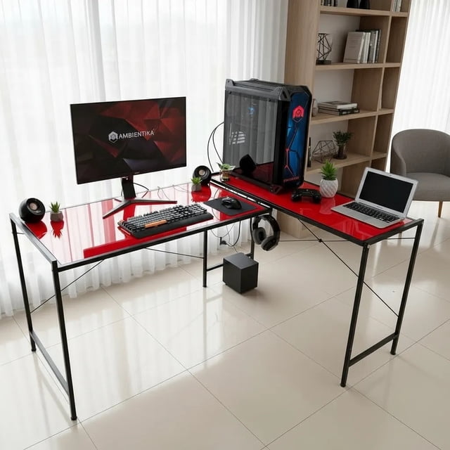 Escritorio Gamer Modelo Lb 160x118 Cm Forma L Grande Moderno Color Rojo / Rosa