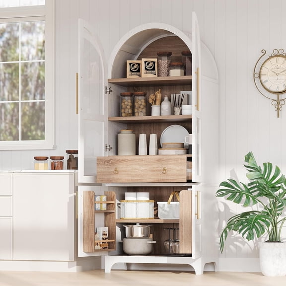 SOFTSEA 71" Tall Arched Kitchen Pantry Cabinet with Hidden Drawer & Glass Door, Farmhouse Cupboard Cabinet with Open & Adjustable Shelves, Kitchen Hutch with Door Shelves for Living Room, White