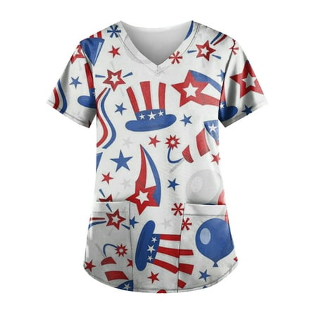 

Sksloeg Scrubs Tops For Women Short Sleeve Tops Working Uniform July 4th Independence Day Flag star striped Printed Color Block Scrub_Tops Patrioti Tees Pocket Blouse White XXXXXL
